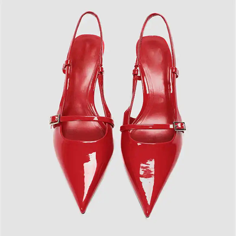 Sexy Pointed Toe Sandals Women Summer Red Thin High Heels for Women Patent Leather Back Trip Strap Mules Wedding Women Pumps