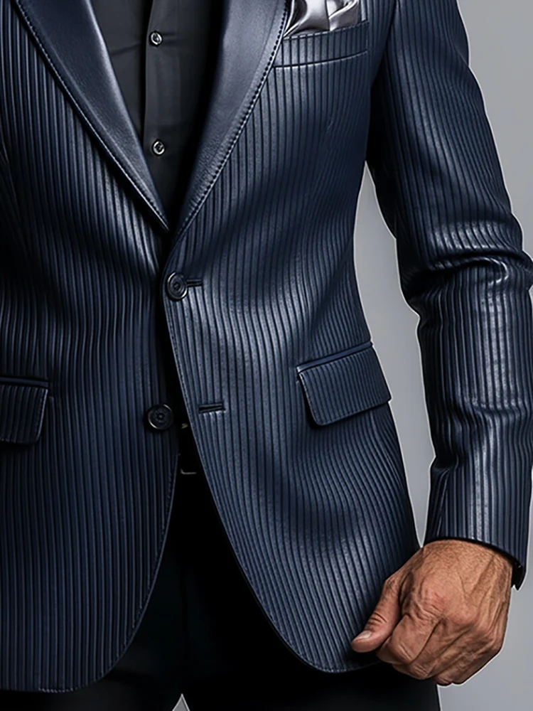Men's Vertical Striped Faux Leather Blazer Notched Lapel Long Sleeve Pu Leather Business Jacket For Formal Wedding Guest Blazer
