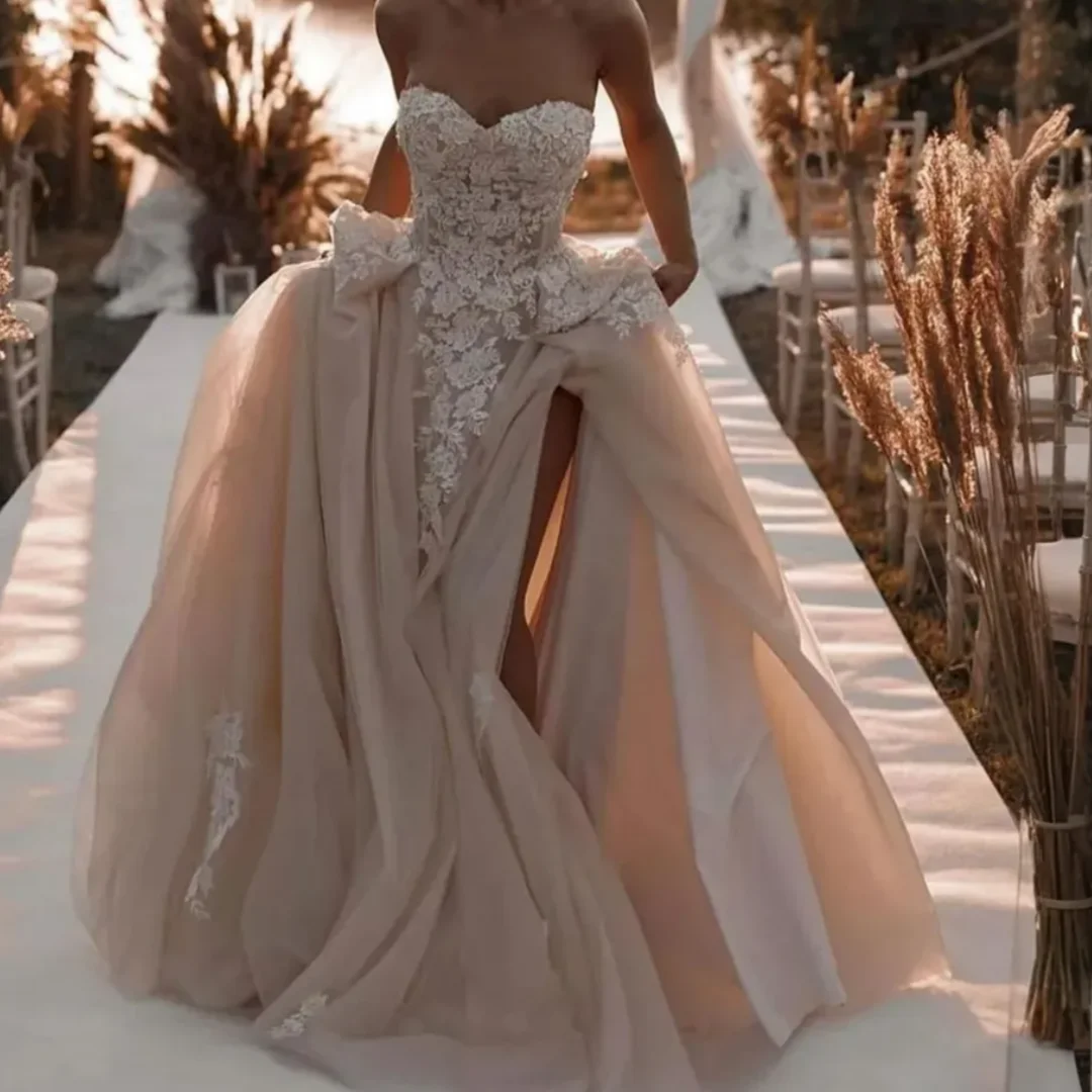 

Sweetheart Neckline Tiered Tulle Bridal Gowns Sexy High Split Beaded Lace for Marriage for African Arabic Black Women Girls