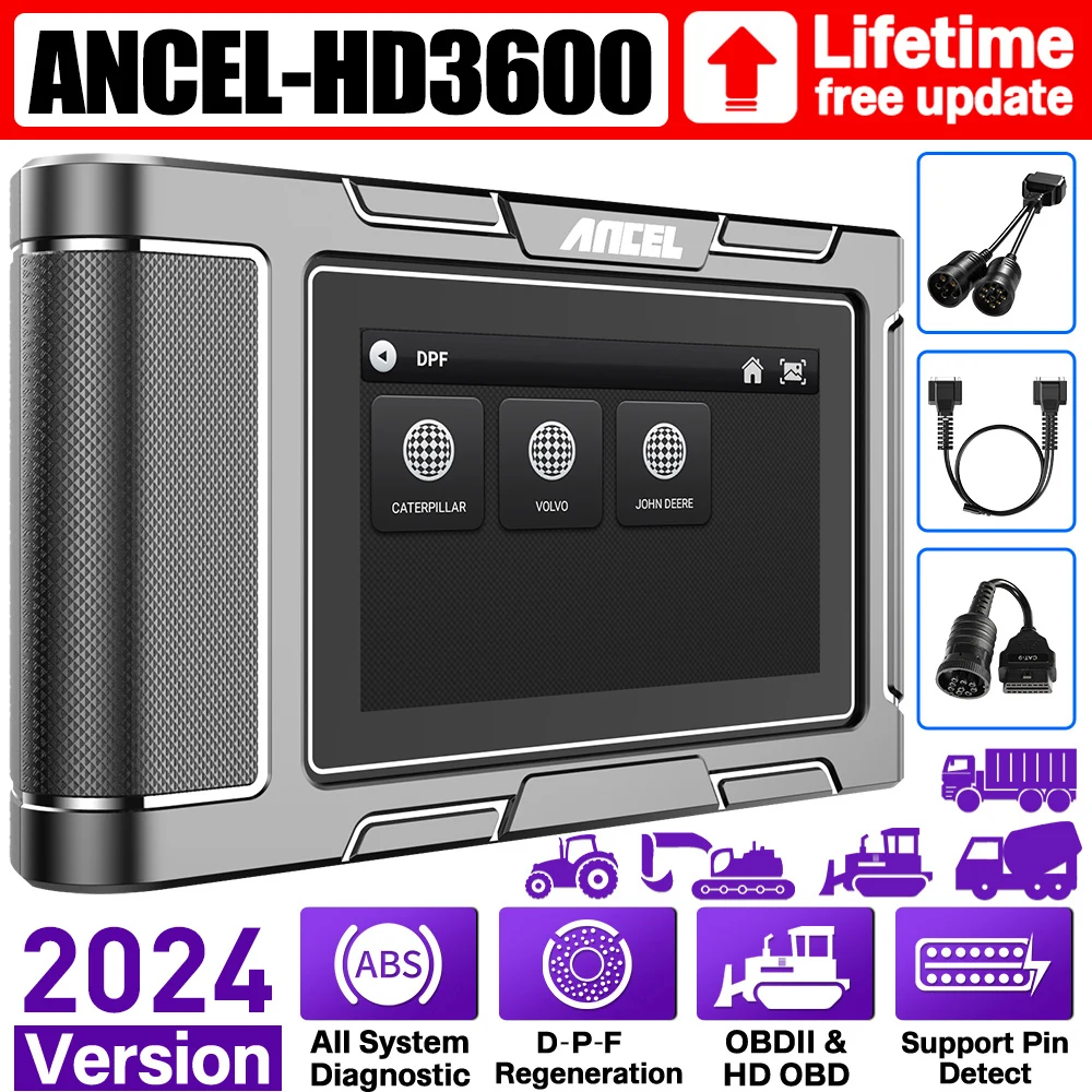 

2024 ANCEL HD3600 Heavy Duty Truck Scanner for Construction Machinery Diesel Scan Tool D.PF Resets for Caterpillar/Deere/Volvo