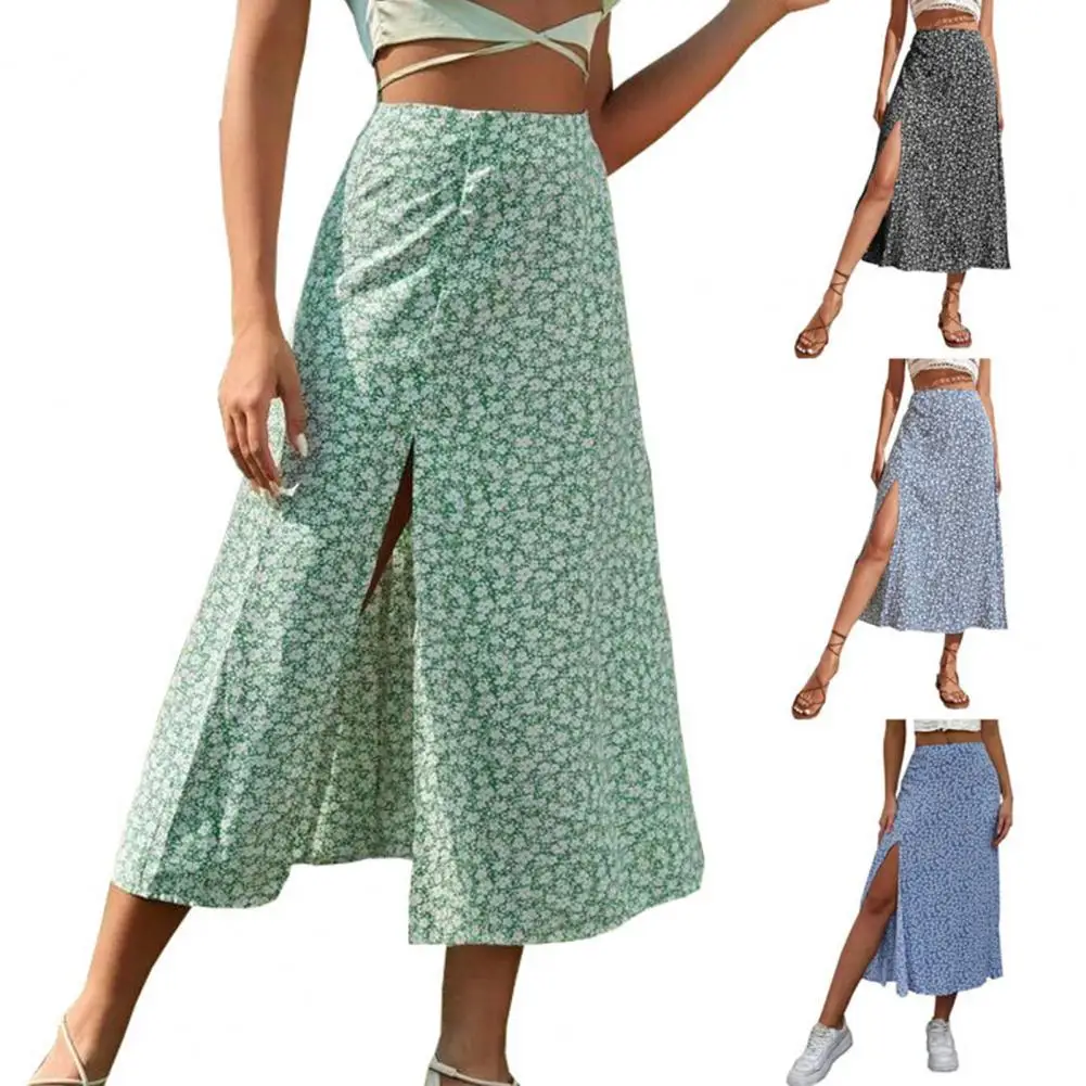 

Women Long Skirt High Split Mid Waisted Hip Wrap A Line Womenswear Swing Elegant Floral Print Ladies Summer Skirt Dating Wear