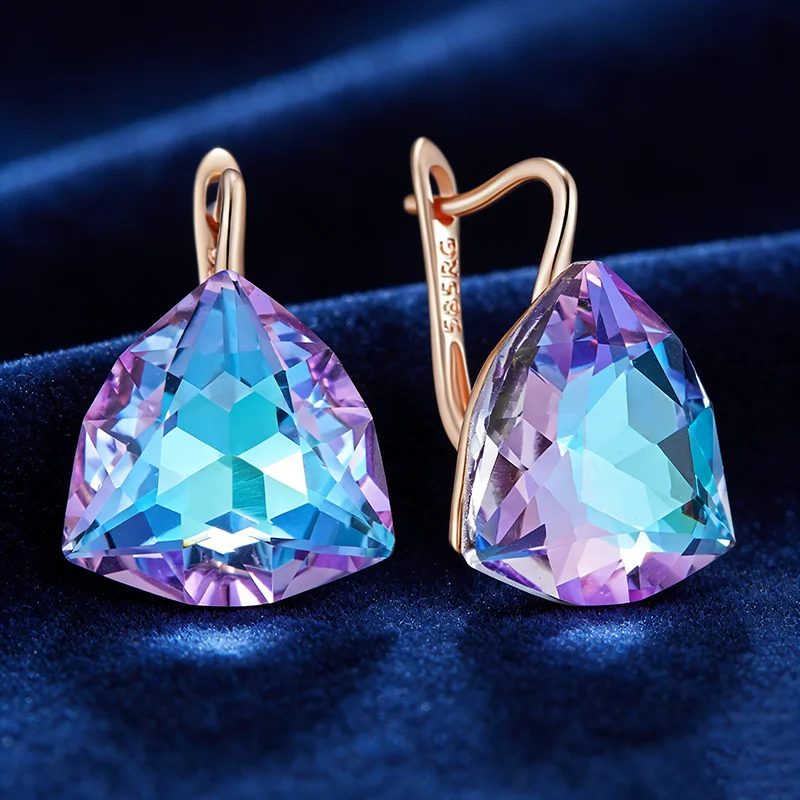 עגילי טיפות משולש צבעוניים מאבן זירקון טבעית Kienl עבור נשים בצבע זהב ורוד 585, אביזרי חתונה מופתים, תכשיטים יומיים