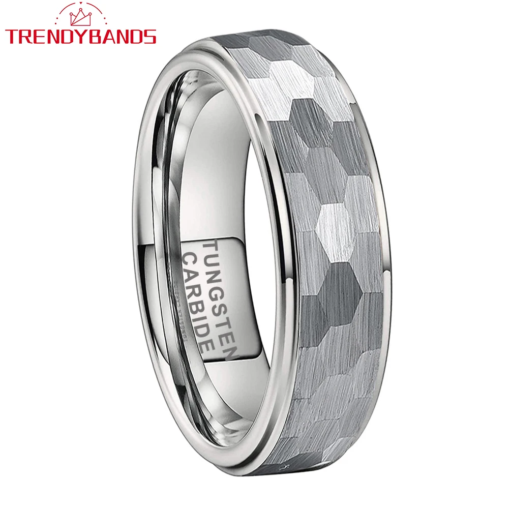 6mm Fine Jewelry Tungsten Carbide Engagement Rings Wedding Bands Hammered Stepped Edges Brushed Finish Comfort Fit