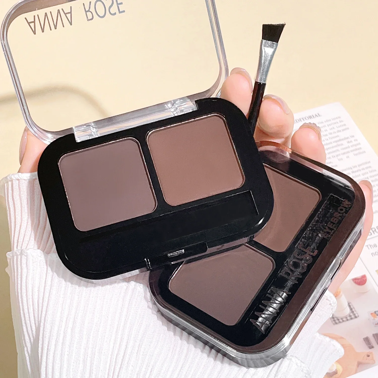 Paleta de pó para sobrancelha, 2 cores, maquiagem, preto, marrom, intensificador de sobrancelha, profissional, à prova d'água, cosméticos, paleta de sombra com pincel