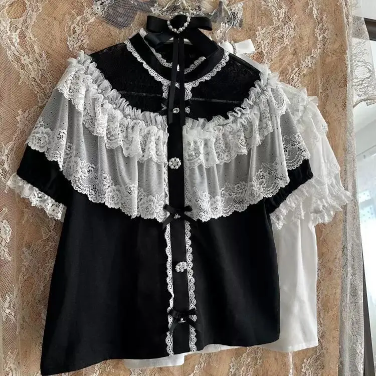 

Coalfell Sweet Elegant Kawaii Slim Japanese Lovely Lace Bow Cape Sleeve Short Sleeved Black Shirt Short Skirt Suit