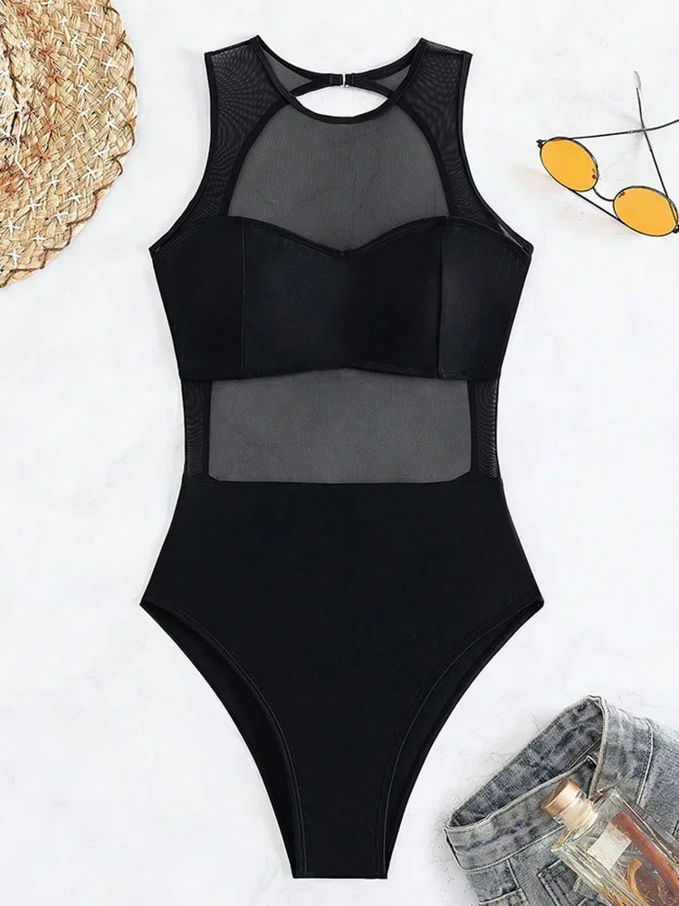 เซ็กซี่ดูผ่านตาข่ายสีดํา Sheer ผู้หญิงชุดว่ายน้ํา One Piece ชุดว่ายน้ําหญิง Monokini ชุดว่ายน้ําเปลือย Swim Beach Wear Lady