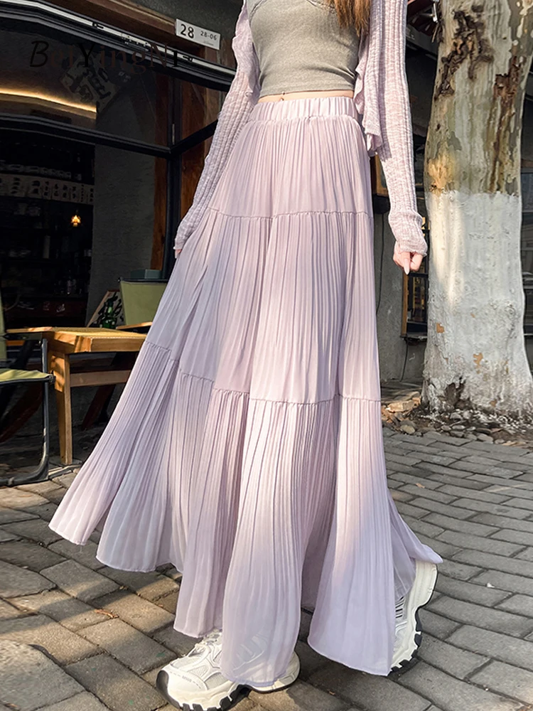 Beiyingni Summer Blue Chiffon Pleated Skirt Women Pure Color Casual Patchwork Apricot Long Maxi Lining Skirts Female Korean