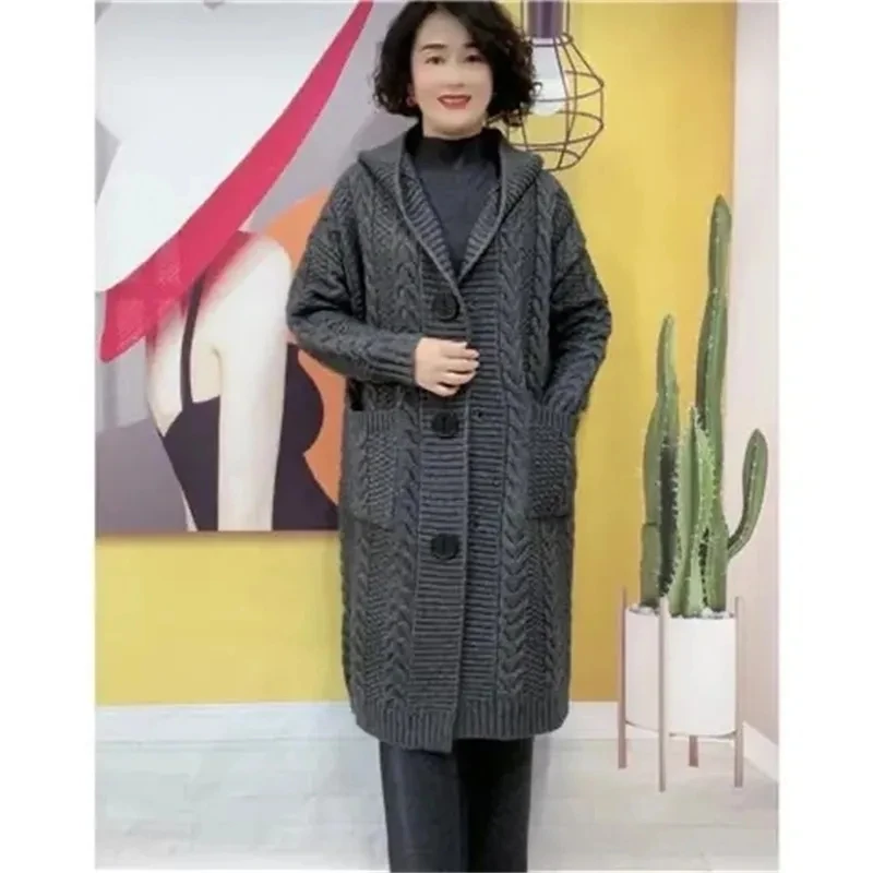 Spring Autumn New Jacquard Twists Hooded Cardigan Sweater Women Long Hooded Single Breasted Knitted Cardigan Coat Ladies M-5XL