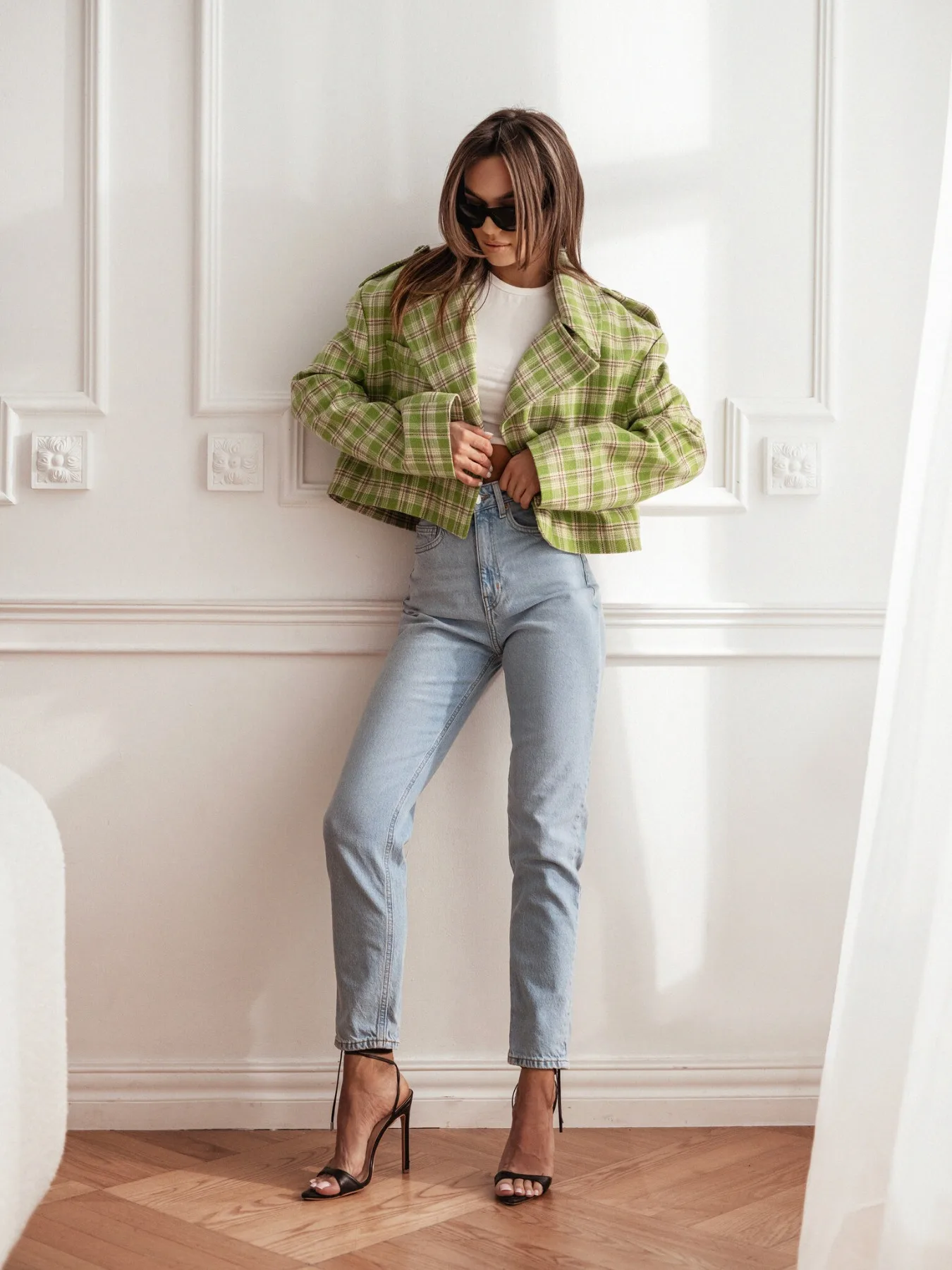 Women Cropped Plaid Blazer Wide Lapel With Epaulets Long Sleeve Open Front Loose Plaid Wool‑Blend Short Jacket Outerwear