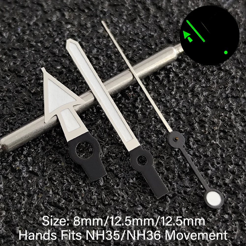 Hochwertige Zeiger passend für NH35/NH36/NH38/NH70 Uhrwerke, Uhrenzubehör, schwarze NH35-Zeiger, grün leuchtendes Uhrenteil für Herren. – Detail 4