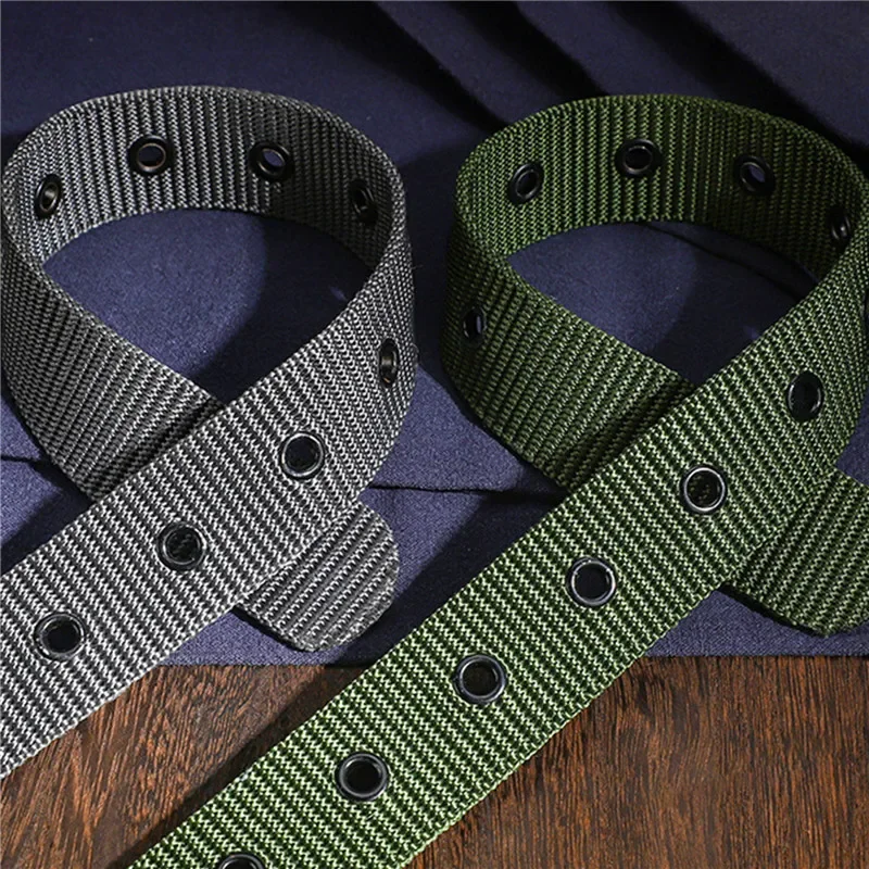 Nieuwe herenriem poreuze canvas pin-gesp lederen riem buitensportriem dames trendy oogje riem met jeansriem voor heren dames