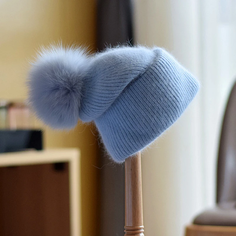 

New Winter Real Rabbit Fur Beanies For Women Fashion Solid Warm Fox Fur Pompom Hat Beanies Female Three Fold Thick Knitted Hats