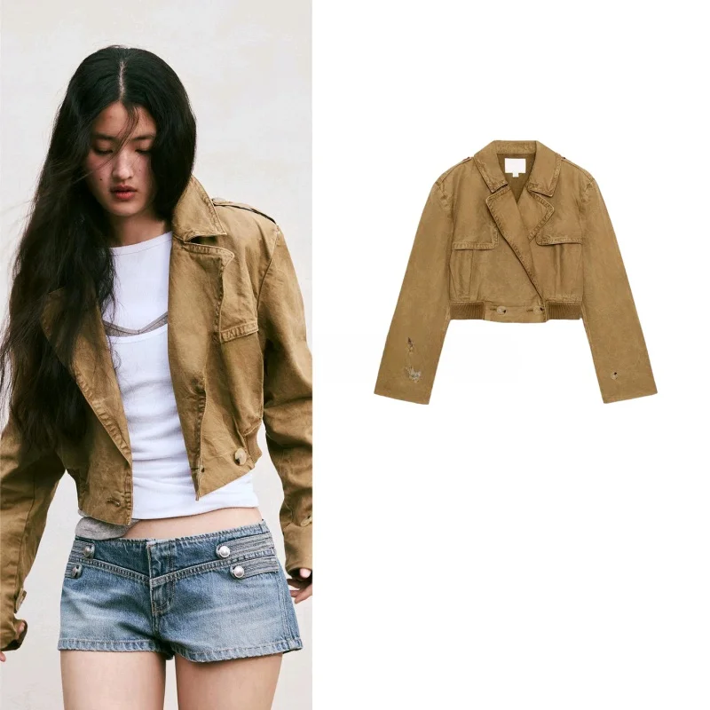 

Spring New Arrival Women's Commuter Style Long Sleeve Collared Casual Washed Short Coat Jacket Button Front Outerwear