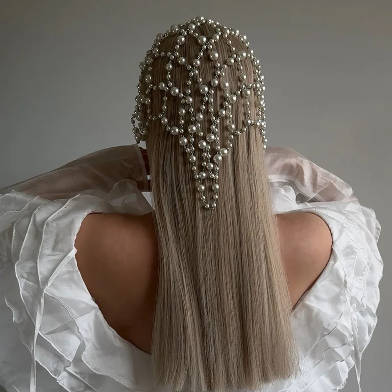 HQ الفاخرة اللؤلؤ الشعر سلسلة مجوهرات للنساء الزفاف العروس غطاء الرأس النحاس حجر الراين سلاسل الشعر قلادة إكسسوارات الشعر
