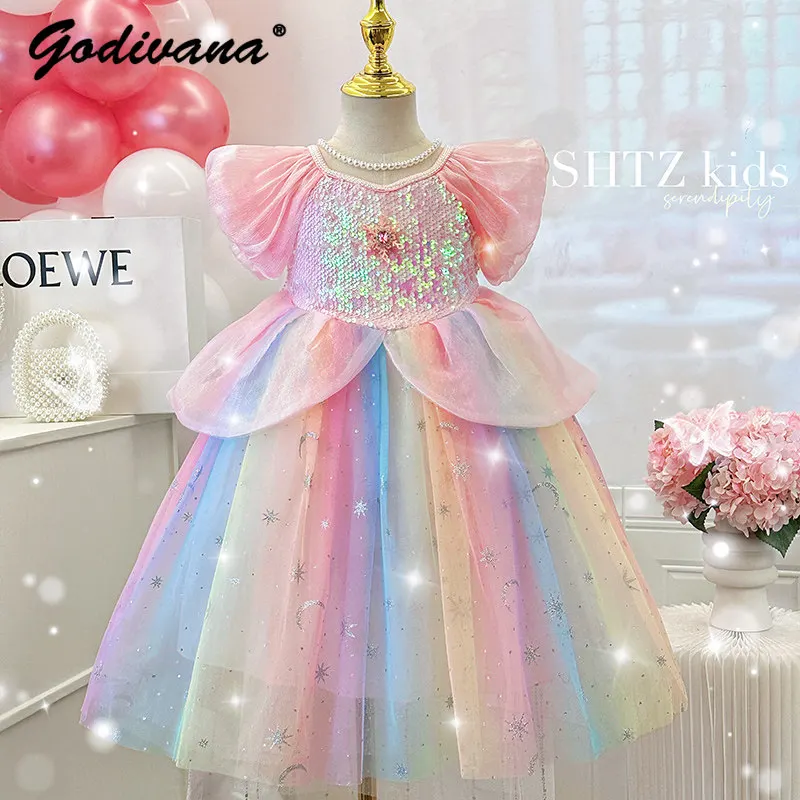 Sweet Baby Girls High End Summer 2026 New Fashion Rainbow Princess Party Dress Kids Puff Sleeve Sequin Tulle Fairy Ball Gown