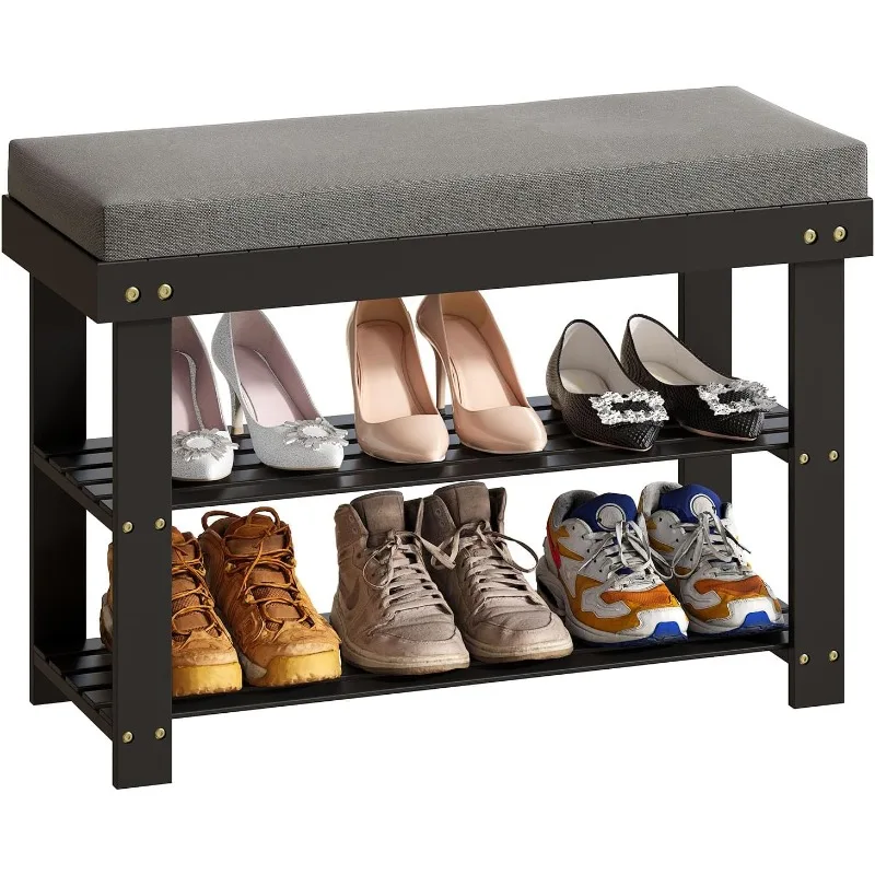 

Shoe Rack Bench, 3-Tier Bamboo Entryway Bench with Padded Seat,Shoe Rack for Entryway