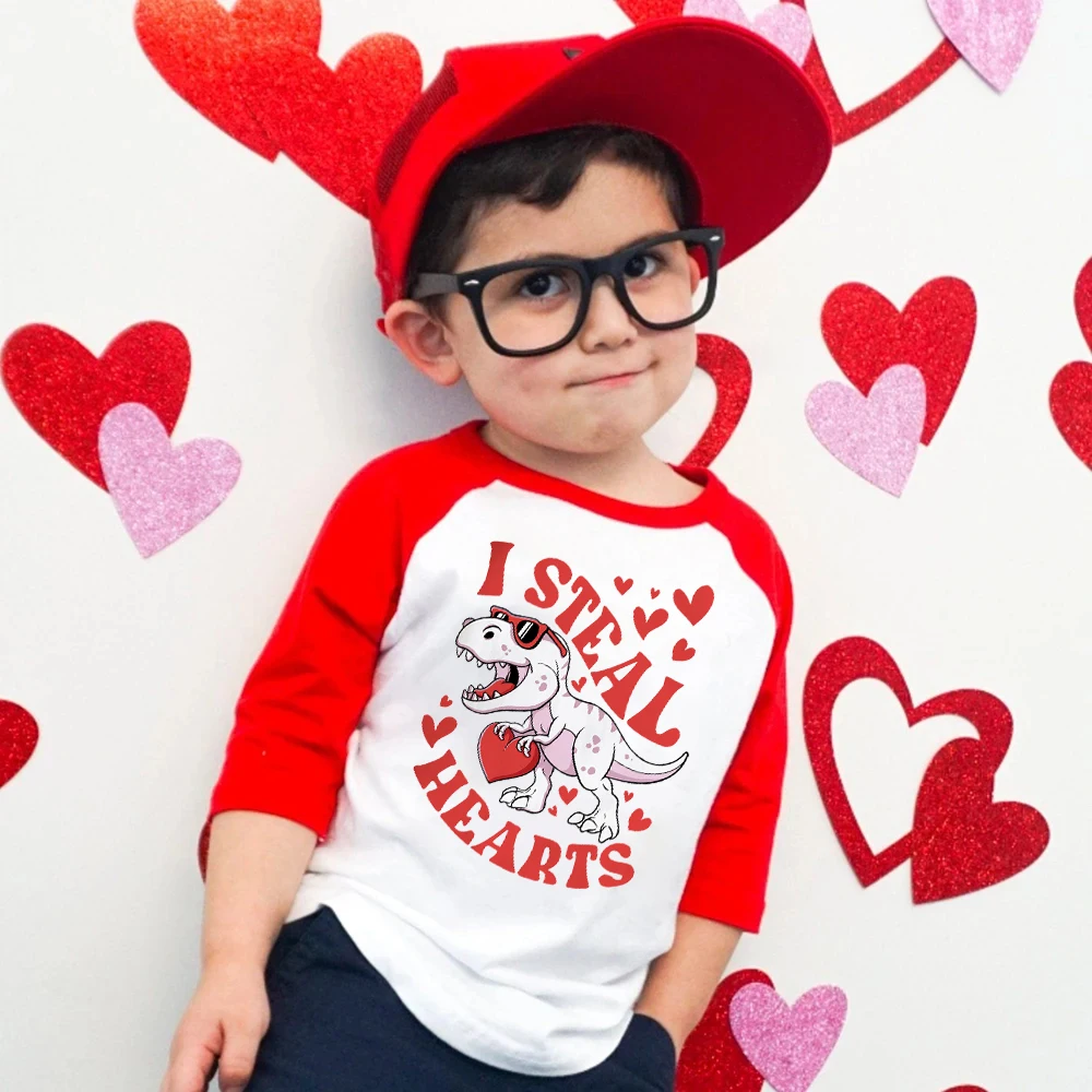 I Steal Heart Dinosaur Printed Kids Shirts Valentine Day Party Child Outfit T-shirt Boys Girls Raglan Sleeve Tee Holiday Clothes