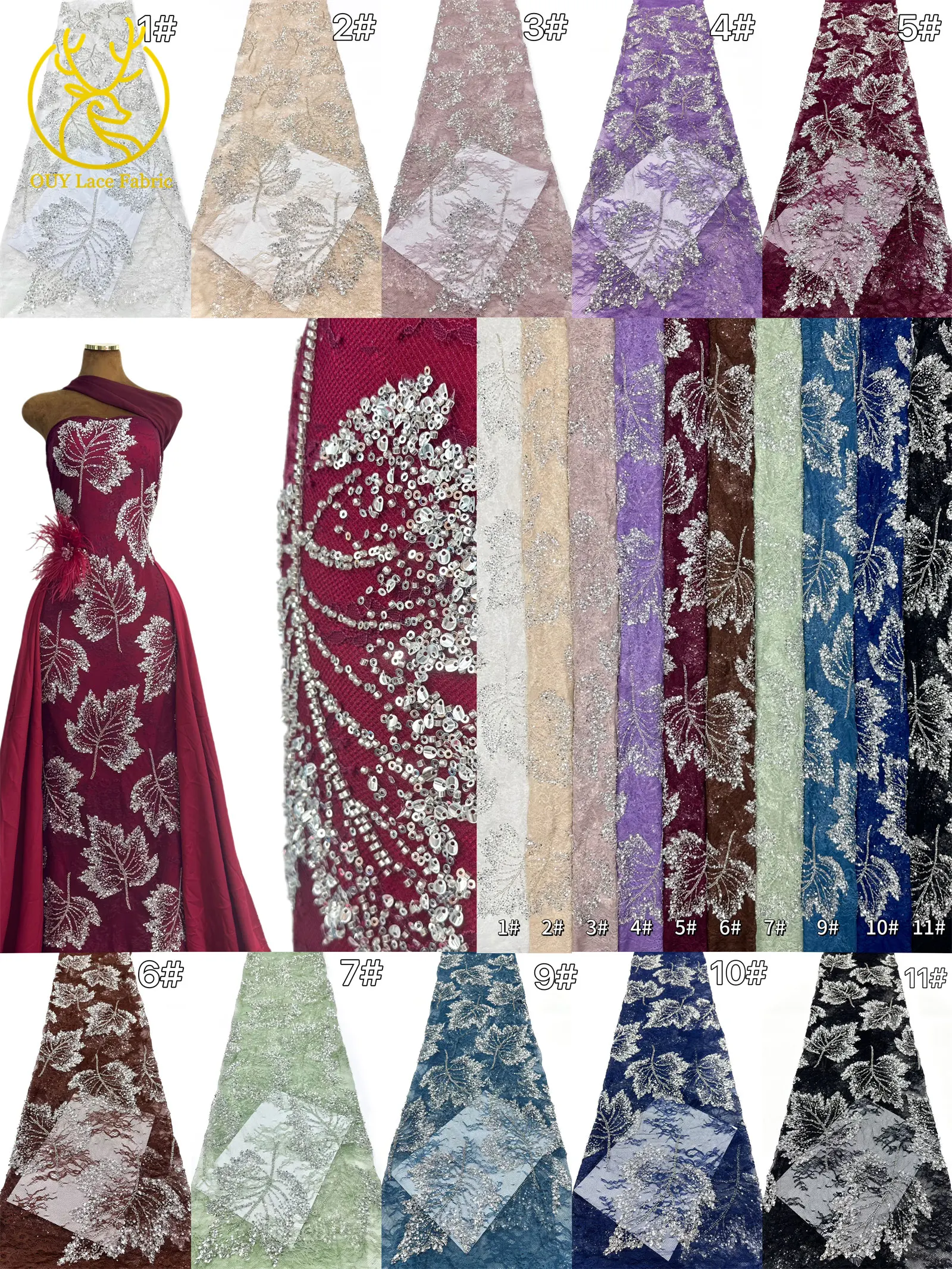 Weinroter afrikanischer bestickter Perlen-Spitzenstoff, 5 Yards, französisches Blattmuster, Pailletten-Tüll-Spitzenstoff für Hochzeits- und Partykleider – Detail 3