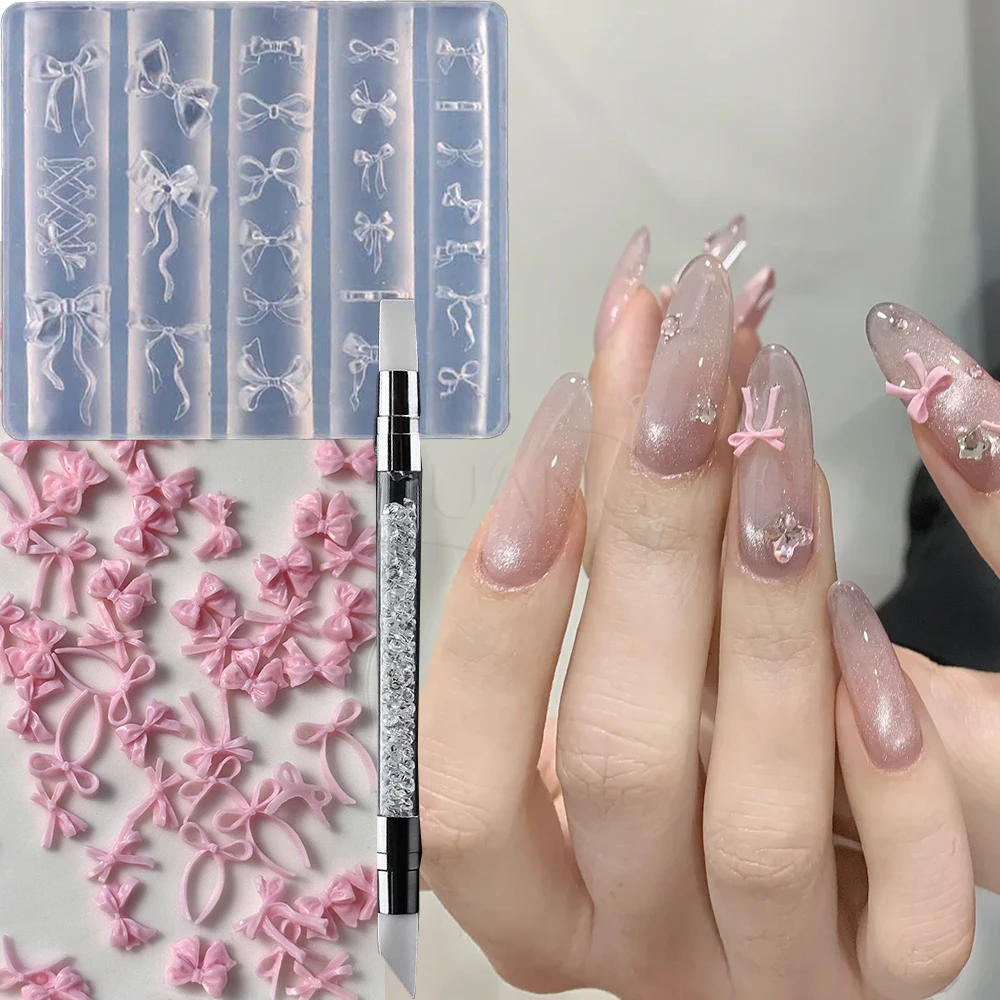 

3D Bow Nail Silicone Carving Mold Kawaii Bowknot Crystal Lily Flowers Nail Art Stencil DIY Mixed Cute Bow Tie Nail Mold Template