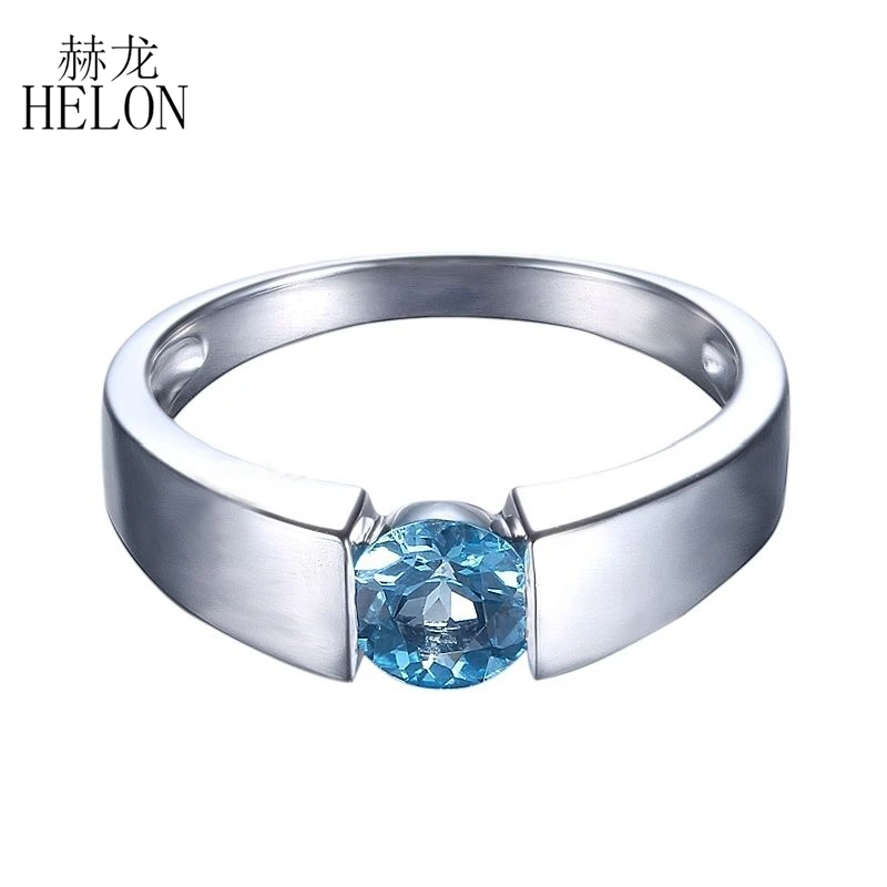 

HELON Solid 10K White Gold Flawless 5.5mm Round Cut Genuine Natural Blue Topaz Fine Jewelry Engagement Wedding Gemstone Ring