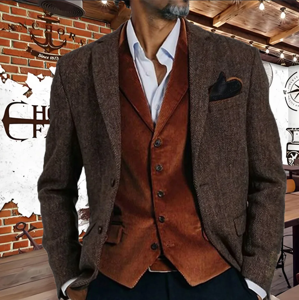 

Men's Suit Brown Herringbone Blazer Prom Tuxedos Wool Tweed Single Breasted Two Buttons Bussiness/Wedding Jacket (Only Coat)