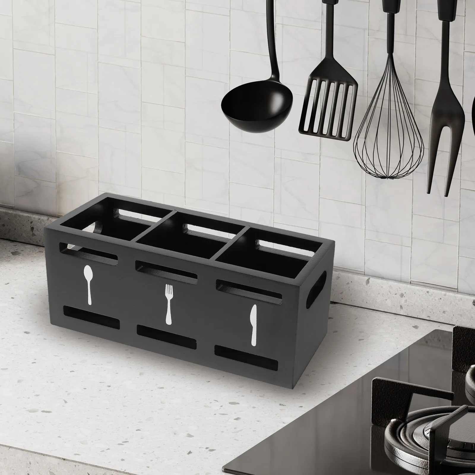 

Chopsticks Spoon Storage Box Kitchen Cutlery ganizer Black Wooden 128x96x50mm Tableware Holder Basket Utensils