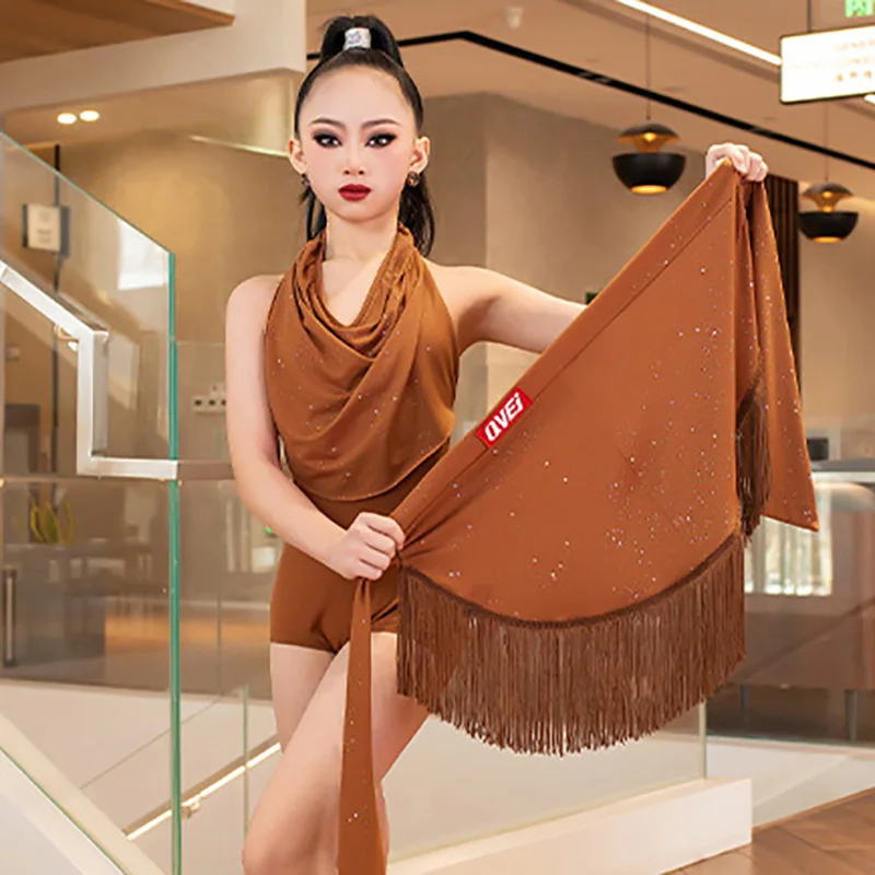 زي الرقص اللاتيني للأطفال البنات اللامع بدون أكمام مع رسن وممارسة الرقص وتنورة شرابة ملابس الرقص