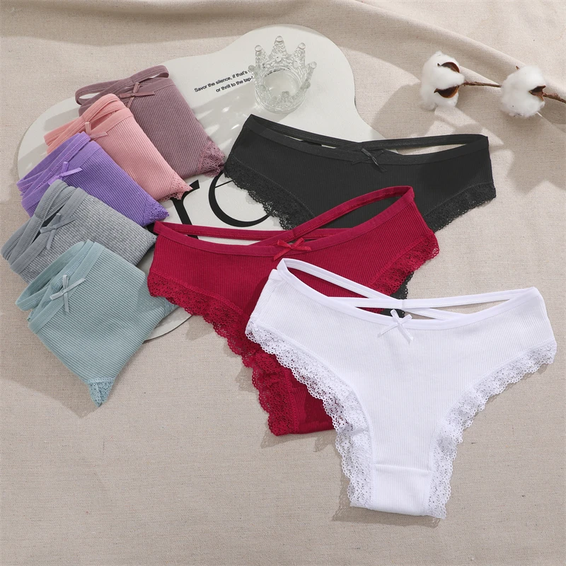 2PCS Cotton Panties for Women Sexy Lace Brazilian Briefs Female Low-Waist Cross Webbing Underpants Stretch Breathable Intimates