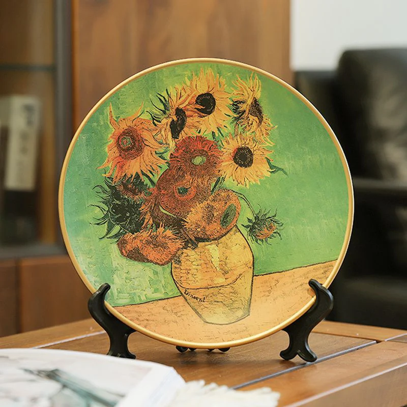Van Gogh Style Sunflower Ceramic Decorative Plate for Living Room TV Cabinet Vintage Artistic Display Ornament