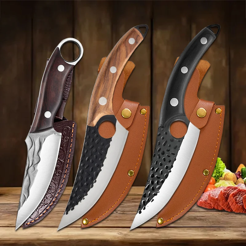 Handmade Forged Kitchen Cleaver Butcher Knives Chef Knife Boning Slicing Barbecue Cooking Tools Fishing Knife Gift Sheath