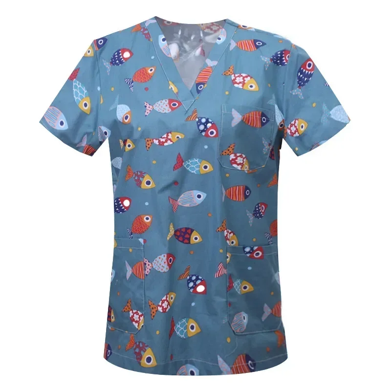 Cartoon Animals Print Pet Clinic Hospital Nursing Scrub Tops Shirts Cotton Dentistry Doctor Blouse Medical Surgical Uniforms