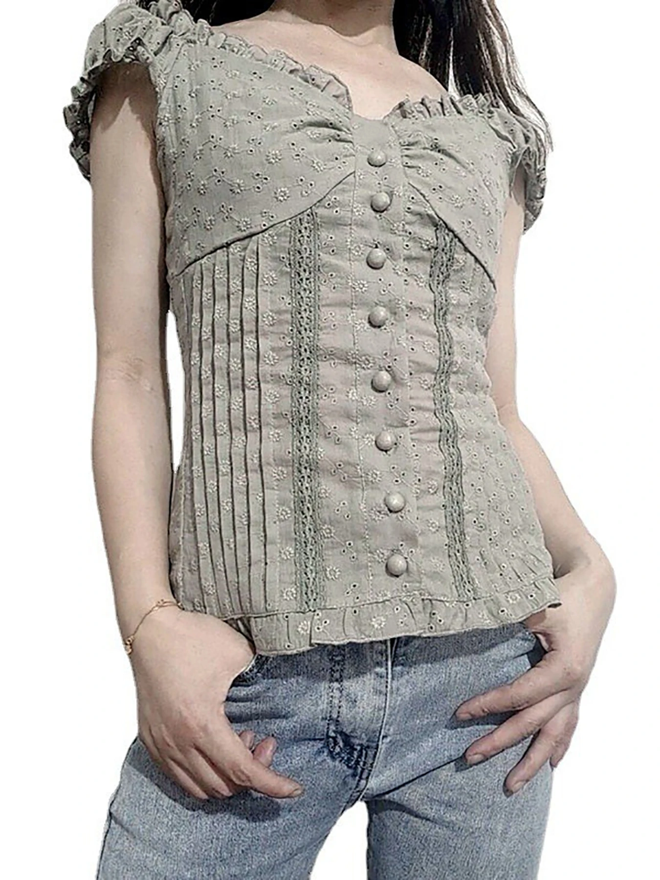 T-shirt à manches courtes et bords en dentelle de style français, nouveau body façonnant boutonné à col en v pour femmes, 2025