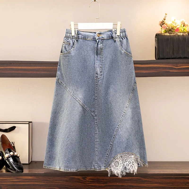 

150Kg Plus Size Women's Summer High Waist Slim Loose Mid Length Lace A-line Denim Skirt Blue Hip 145cm 6XL 7XL 8XL 9XL