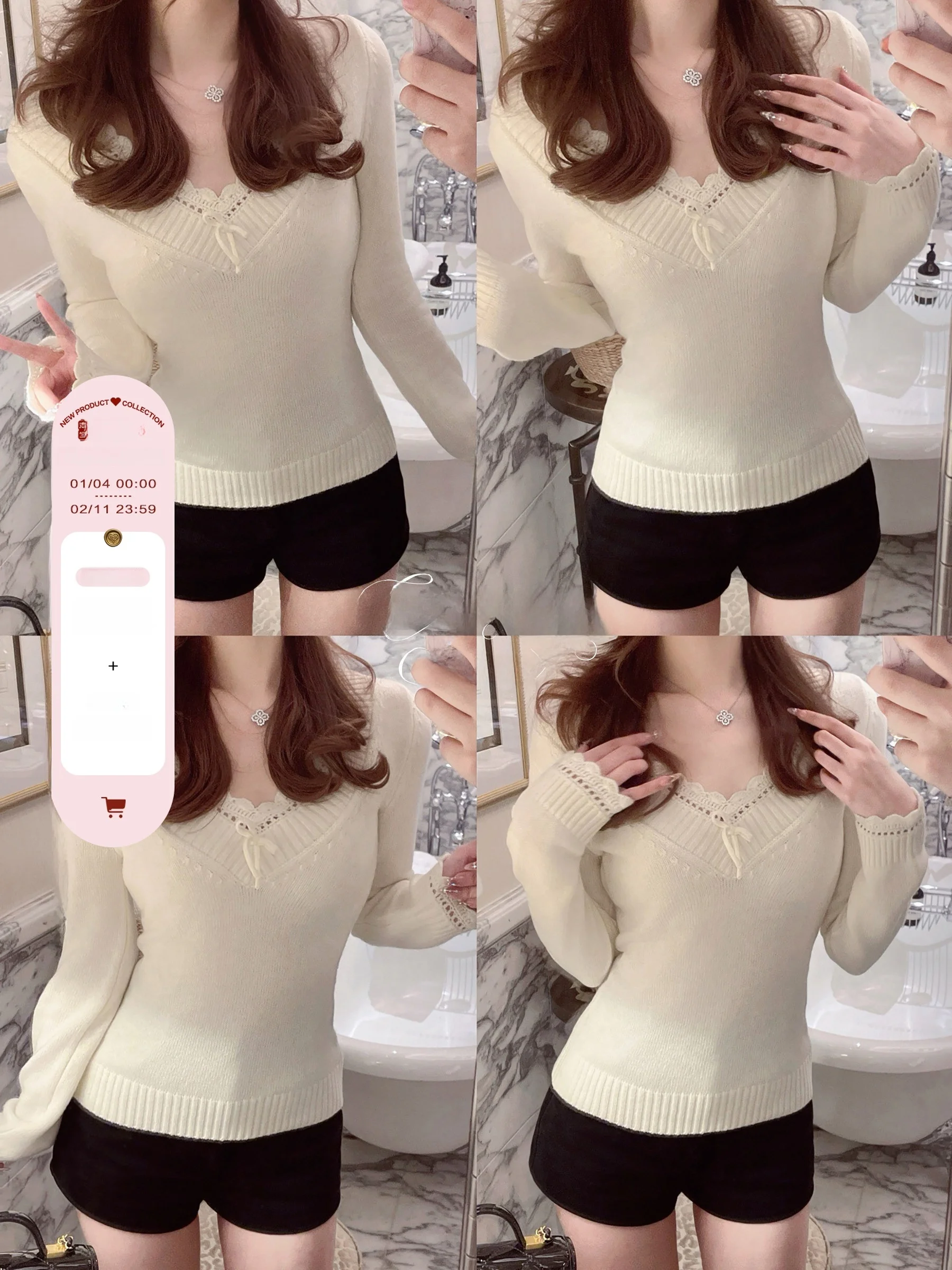 

Sweet Sle Women's Knitted Sweater V-Ne Long Sve Woolen Hooked Flower Design Slimming Milk White Color Spring Faion
