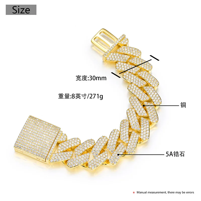 30mm Big Heavy Hip Hop 5A+ CZ Stone Paved Bling Iced Out Solid Rhombus Cuban Miami Link Chain Bracelets for Men Rapper Jewelry