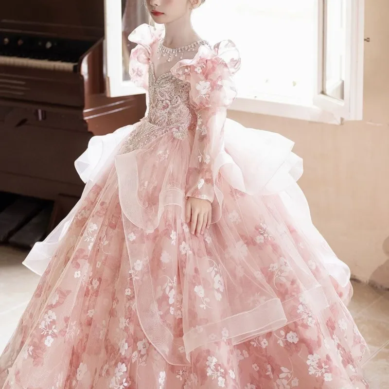 Girls' Spring/Autumn Long sleeved Evening Dress Children's Breathable Birthday Princess Dress Kids' Pink Piano Performance LJ680