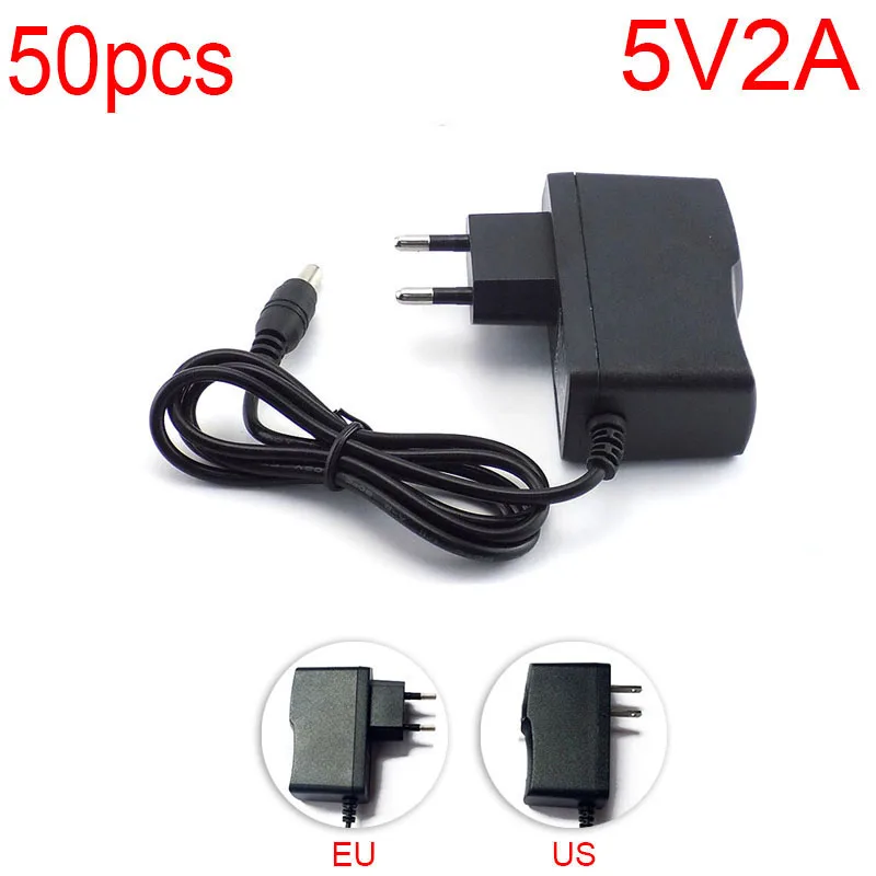 50pcs 5V 2A 2000mA AC to DC Power Adapter supply 100V-240V Converter wall charger 5.5mm x 2.1mm for LED Strip Light CCTV Camera