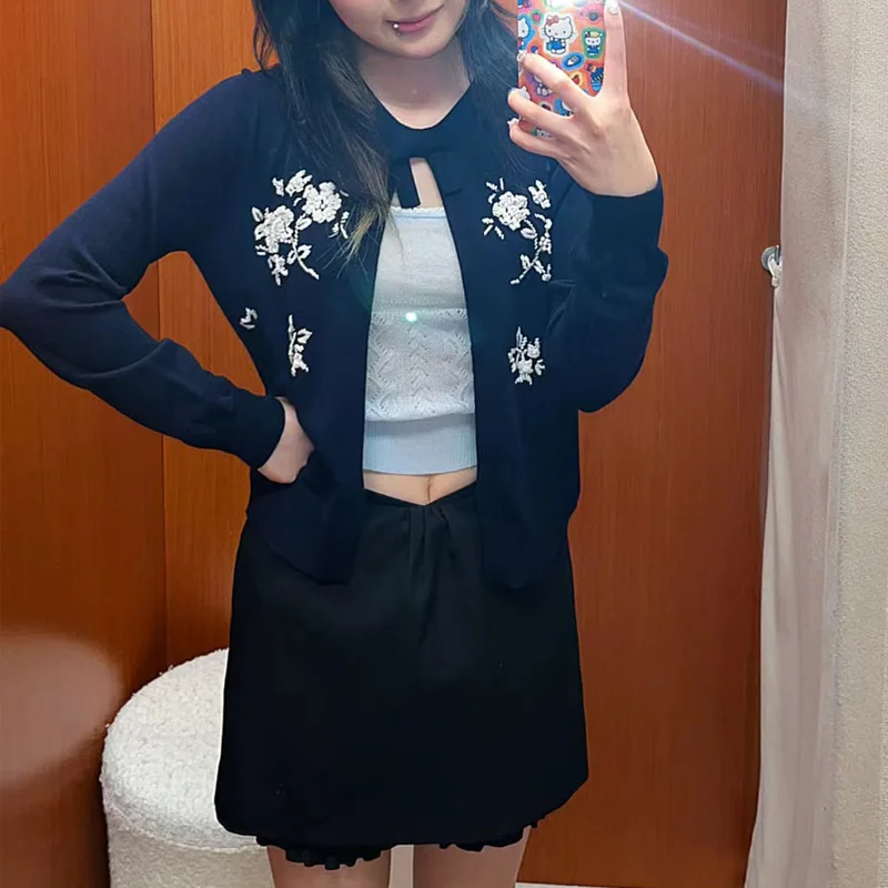 

Ele Knitted Long Sve round Ne Cardigan with Knot Flower Beads Women's Ultra-Thin Summer Sweater