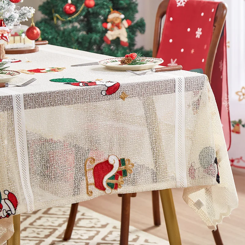 New Year Table Cloth Christmas Decoration White Transparent Printed Flower Tablecloth Santa Claus Holiday Party Table Cover