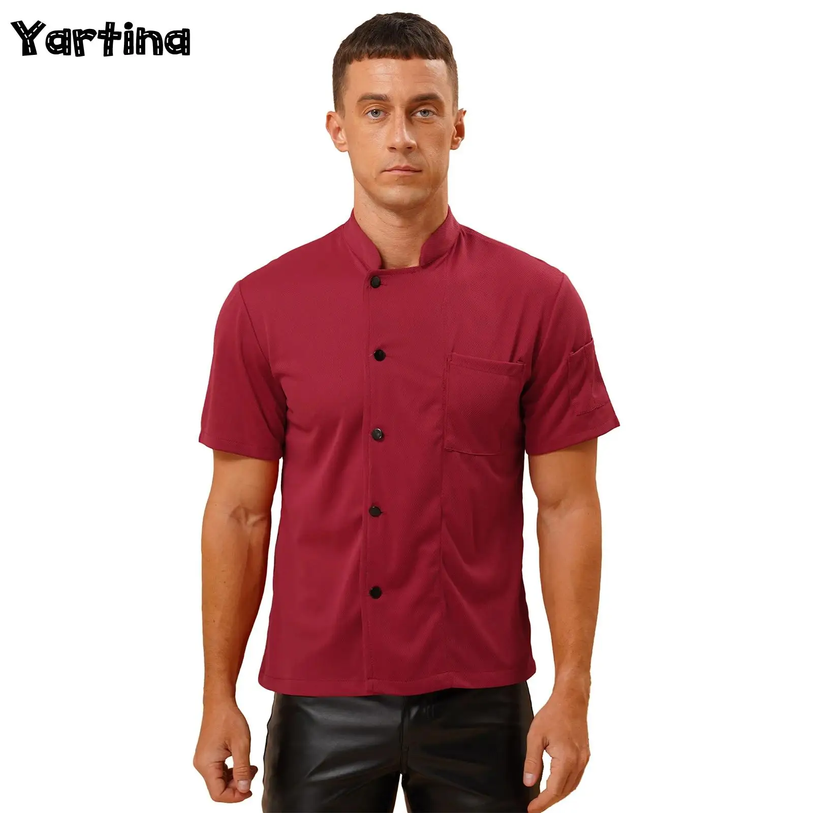 Mens Breathable Mesh Chef Tops Uniform Solid Color Stand Collar Short Sleeve Button T-shirt Kitchen Cooks Food Service Costume