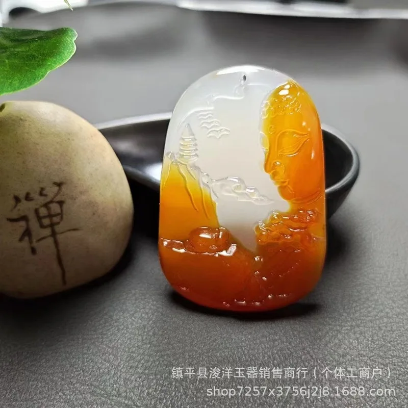 Natural high-quality ice agate chalcedony dragon pendant with landscape and Guanyin Buddha motifs, the same style as seen on Xia