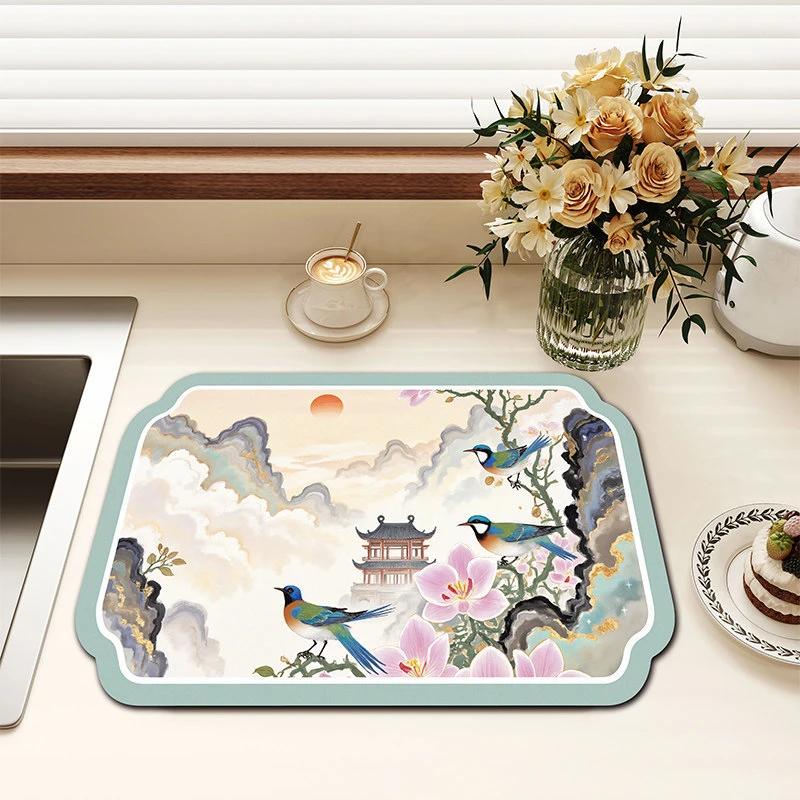 VIKAMA Kitchen Drain Mat Chinese Mountain Pavilion Peony Butterfly Kitchen Counter Mat Highly Absorbent Fast Drying Anti Skid