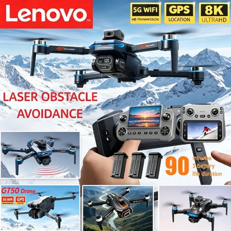 Lenovo WiFi RC Quadcopter 8K Camera Drone (GT8 GT50 GT5 M6) Mini Toy with Obstacle Avoidance and Dual FPV