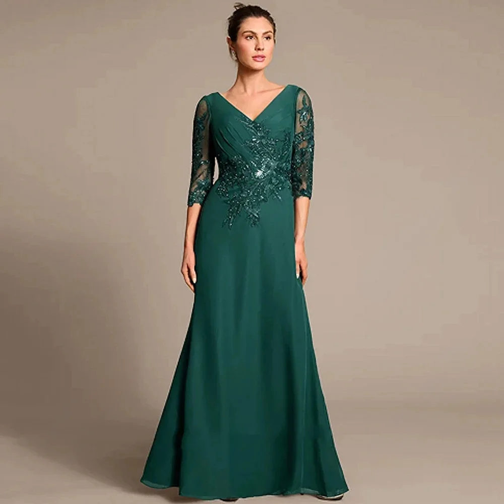 

Women's V Neck Evening Dresses Backless Prom Dresses with Appliques Half Sleeve Formal Gown Elegant Fashion Wedding Guest Dress