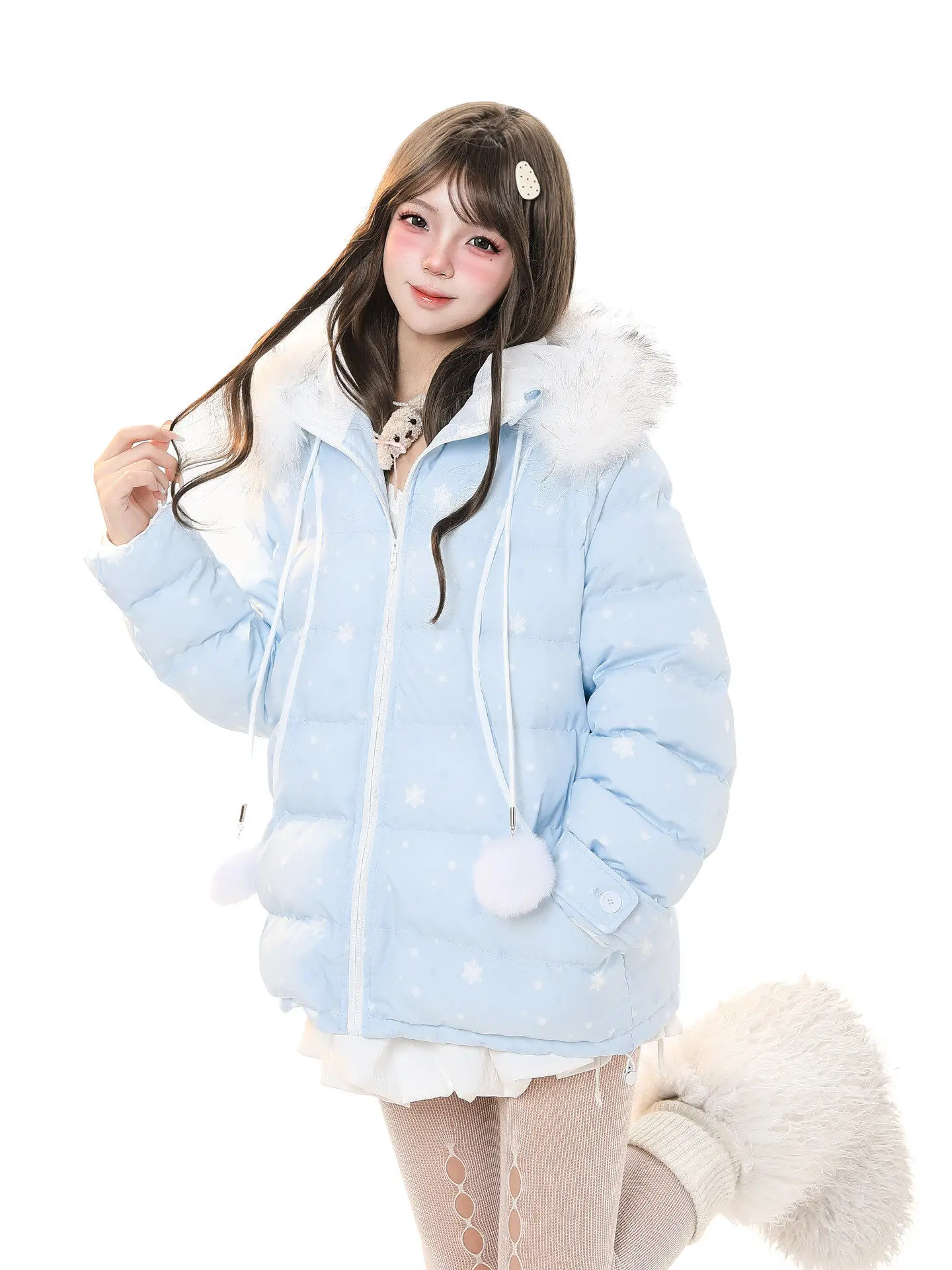 

Korean Sle Snowflake Print Fur Collar Hooded Cotton Jaet Women's Winter New Loose Casual Thi Warm Cotton Coat
