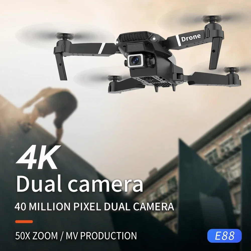 E88 الطائرات بدون طيار المهنية 4K زاوية واسعة كاميرا عالية الدقة واي فاي FPV عالية قابلة للطي الصليب الأحمر أربع طائرات هليكوبتر ذات أجنحة دوارة بدون كاميرا لعبة للأطفال