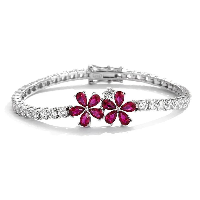 

Red Corundum 5A Zircon Daisy Tennis Bracelet for Women Men 925 Sterling Silver Ruby Flower Link Bracelets Bangle Platinum Plated