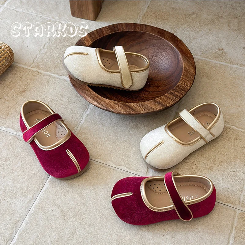 Luxury Gold Velvet Ballet Flats Baby Girl Fashion Tabi Split Toe Design Velour Shoes Kids Retro Concise Plain Mary Jane Shoes
