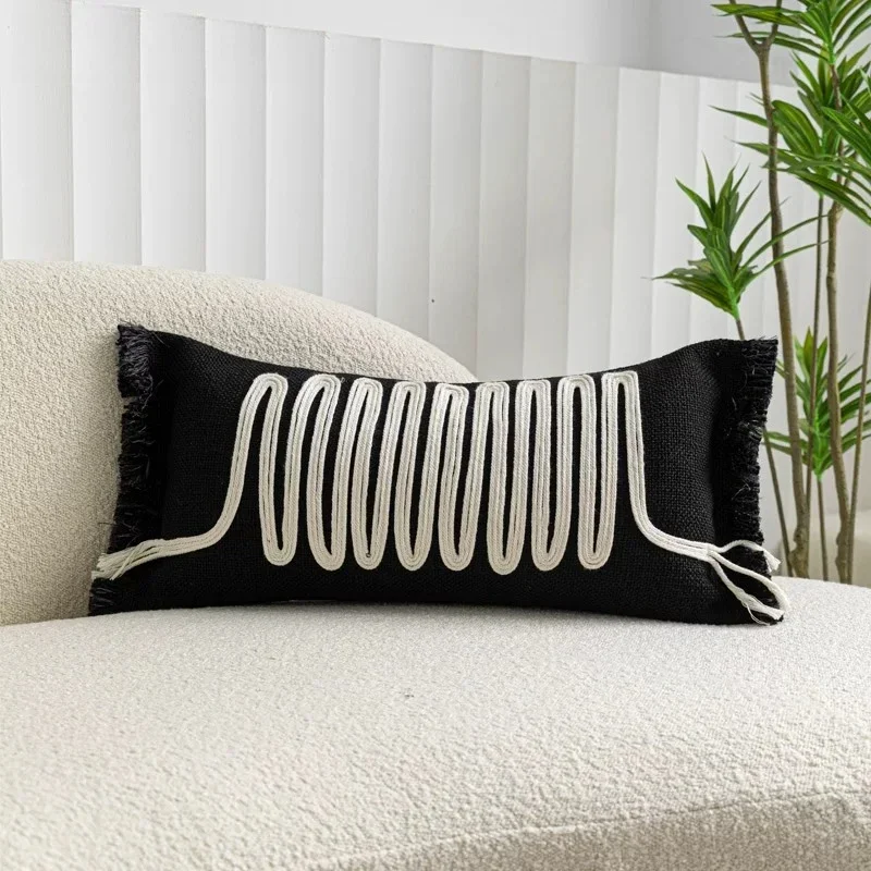 1Pc Japanese Wabi Sabi Style Long Lumbar Pillow Cover Black 30x60cm Rectangular Waist Cushion Case Sofa Waist Support Pillowcase