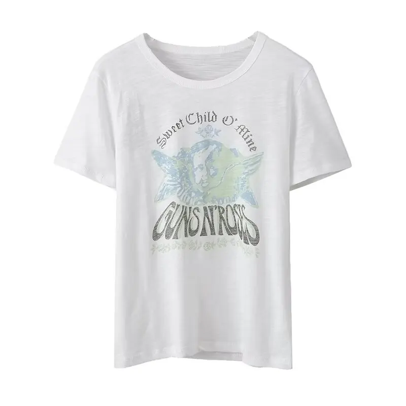 2025년 여름 여성 캐주얼 루즈핏 만능 프린트 반팔 티셔츠 신상품 땀 흡수 통근 스타일 독창적인 패턴